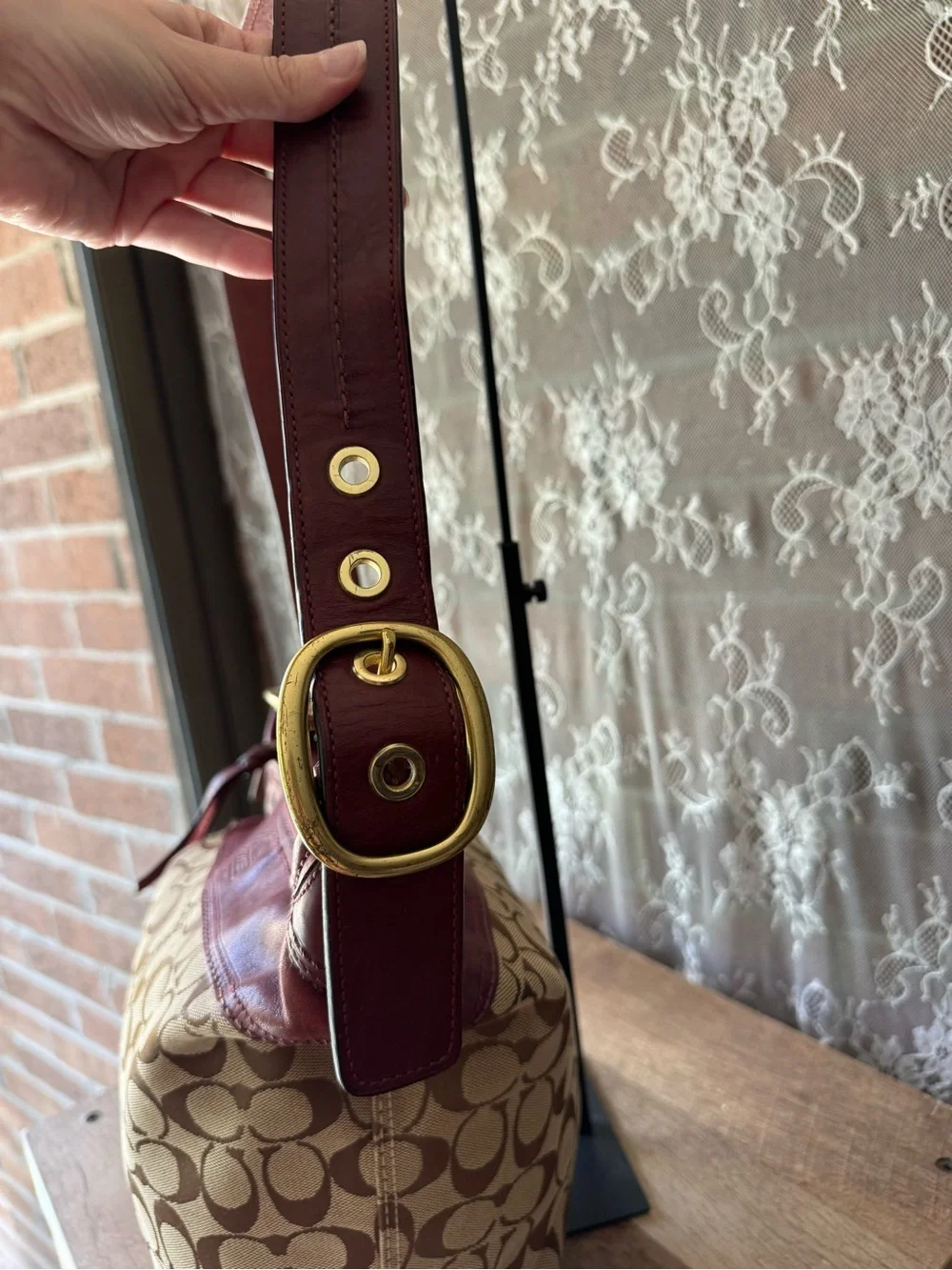 Coach Signature Canvas Bucket Bag with Burgundy Leather Trim